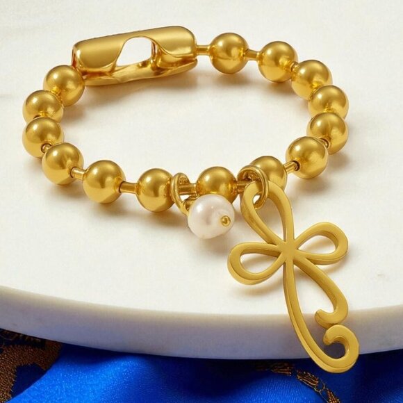 🆕️24K Gold Plated Stainless Steel Bracelet Unique Cross Charm Freshwater Pearl - Picture 1 of 14